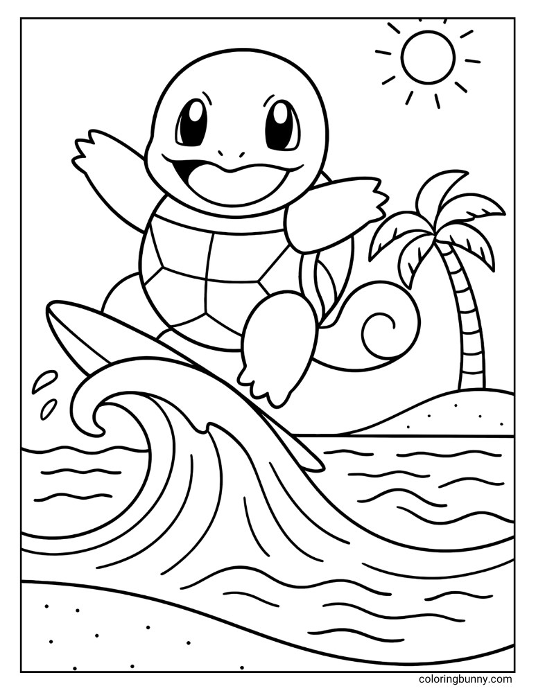 Pokemon coloring page of Squirtle surfing in the sea with an island in the background
