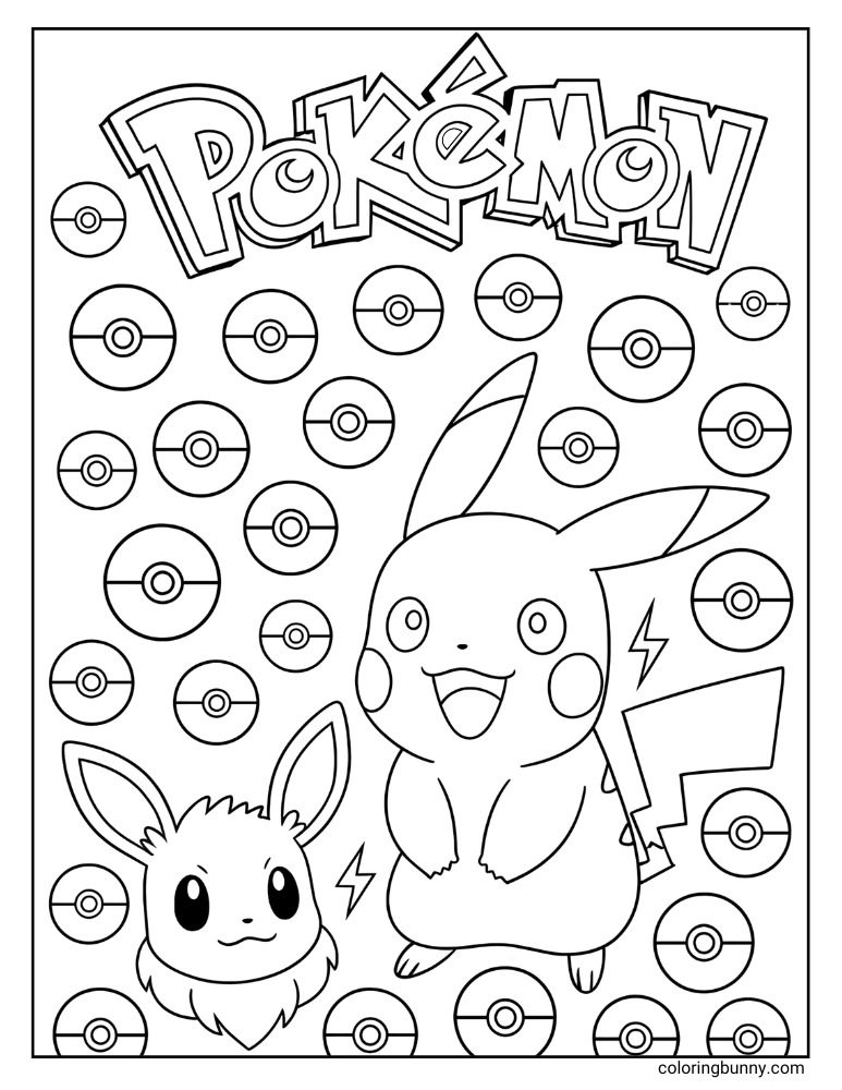 Pokemon coloring page featuring Pikachu and Eevee with the Pokemon logo and many Poke Balls scattered around them