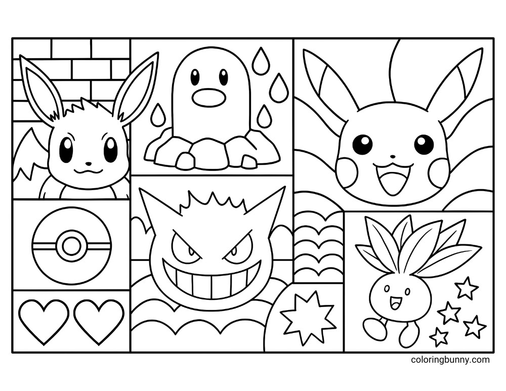 Pokemon coloring page of various pokemon such as Pikachu, Eevee, Gengar, Oddish, and Diglet, all with patter backgrounds