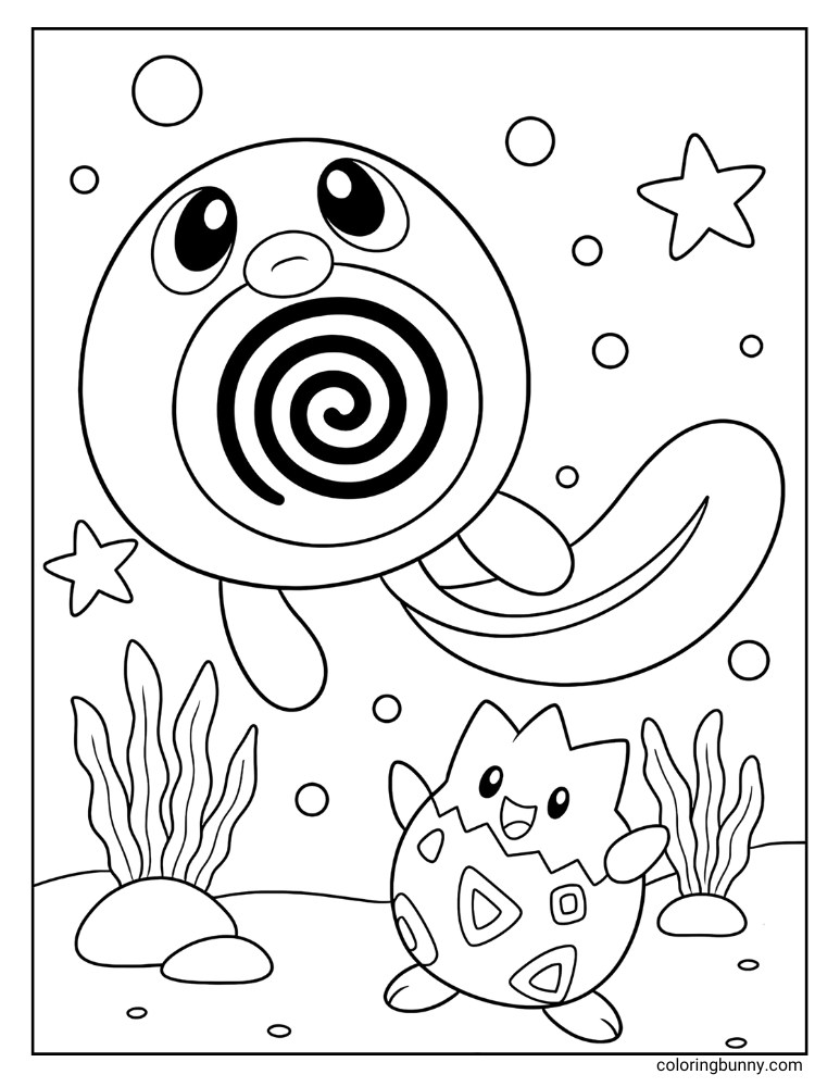 Poliwhirl and Topegi coloring page with both of the Pokemon in an underwater scene