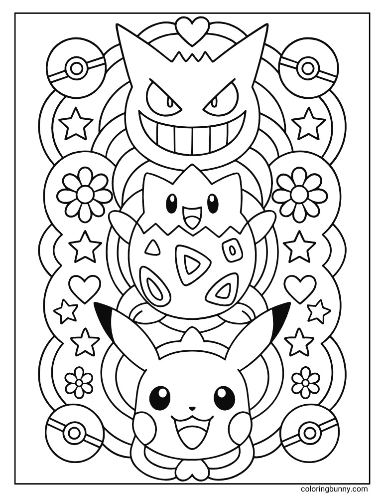 Portrait Pikachu, Gengar, and Topegi mandala style designs mandala coloring page