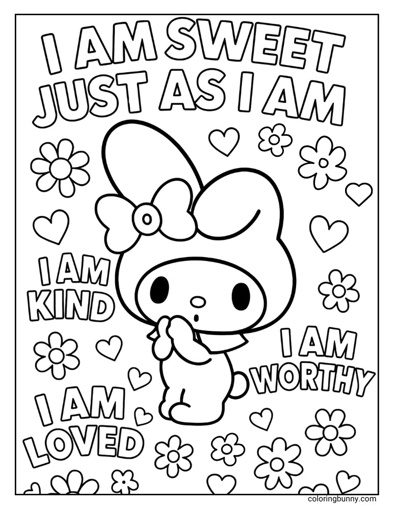 Positive affirmation coloring page featuring My Melody and a background of positive quotes, hearts and flowers