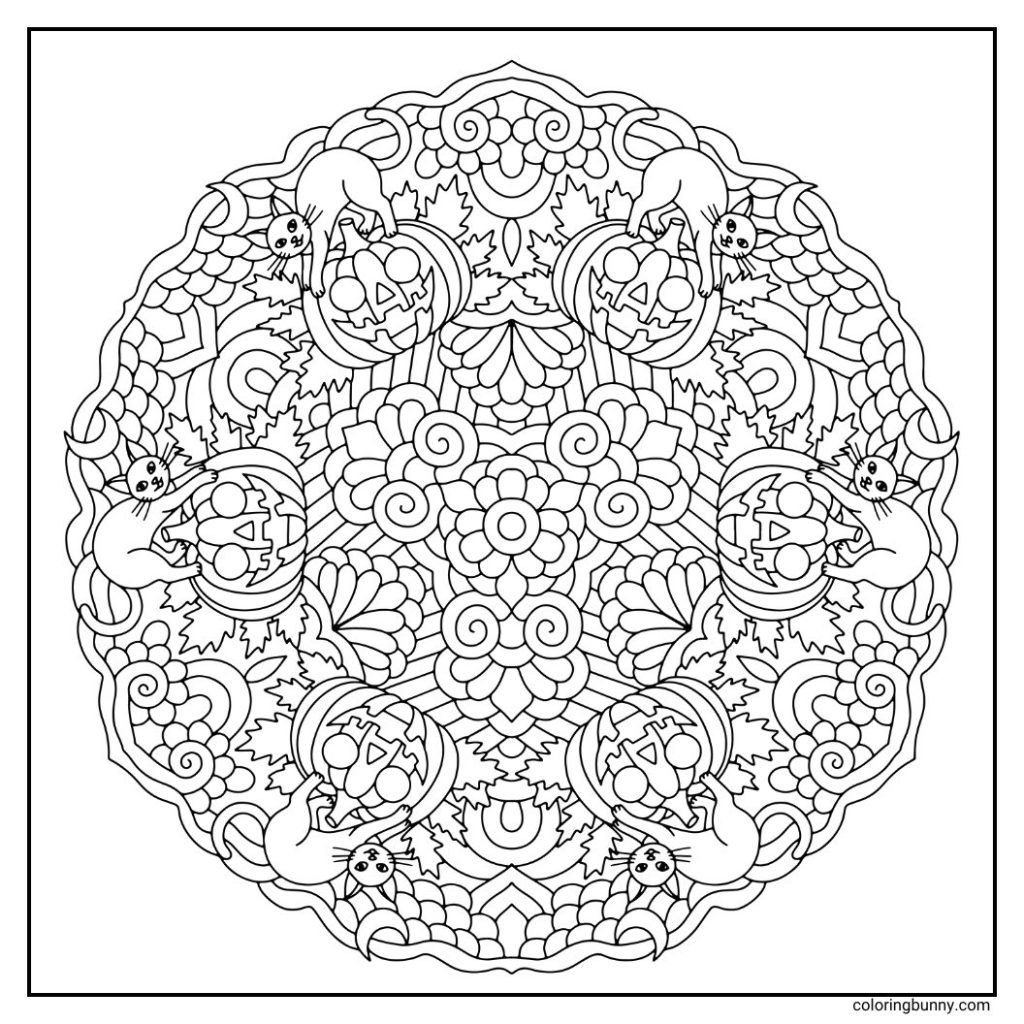 Cats perched on grinning pumpkins, surrounded by rustly fall leaves and intricate patterns in a hand-drawn Halloween mandala coloring page on a square canvas.
