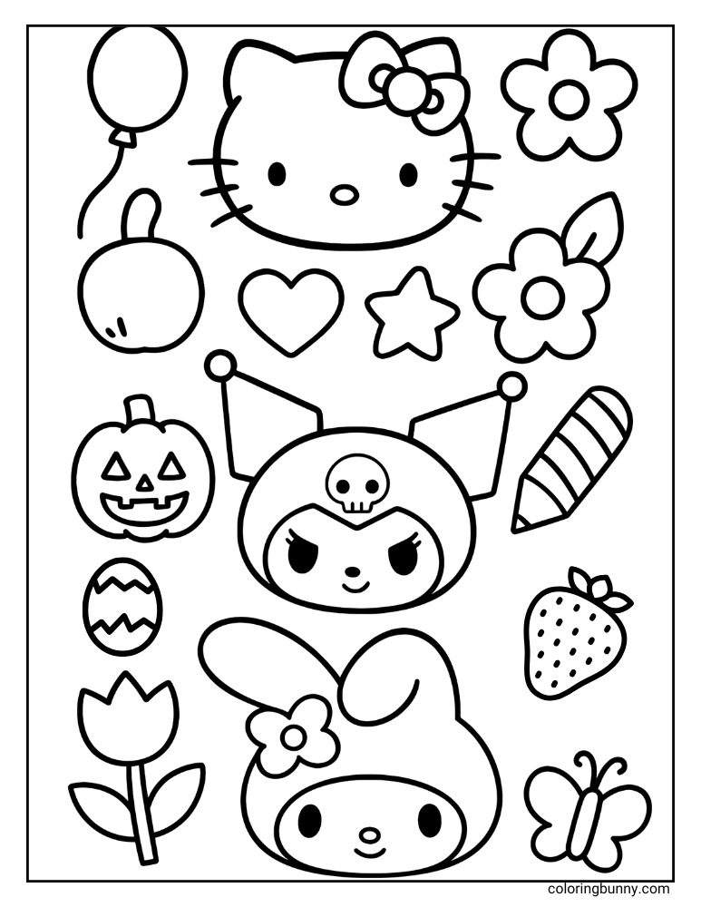 Sanrio themed coloring sheet with a fun, scattered design, featuring the heads of Hello Kitty, Kuromi, and My Melody, along with individual illustrations of everyday objects and nature elements.
