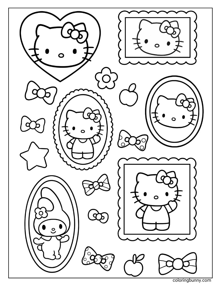 Sanrio characters coloring page, featuring framed pictures of Hello Kitty and My Melody, surrounded by various bows, hearts, stars, and apples.