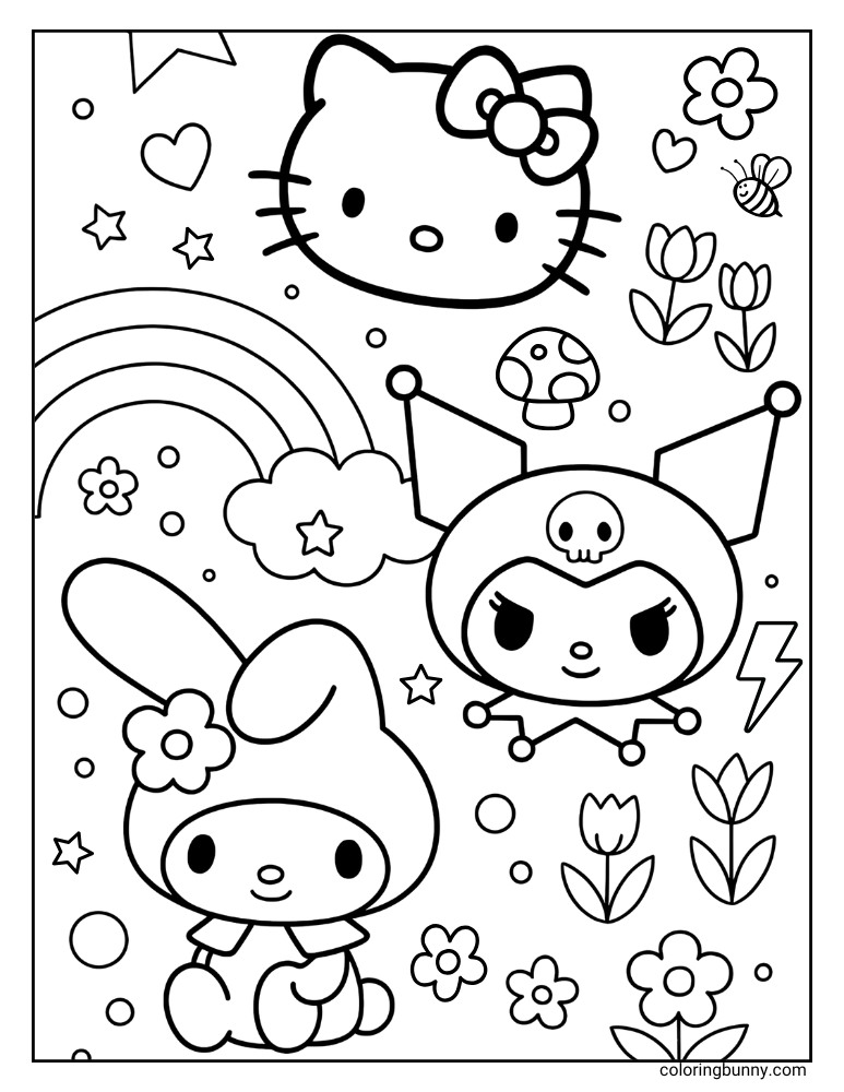 Sanrio themed coloring page featuring Hello Kitty, My Melody, and Kuromi, surrounded by a variety of elements like a rainbow, clouds, stars, hearts, flowers, a mushroom, a bee, and lightning bolts.