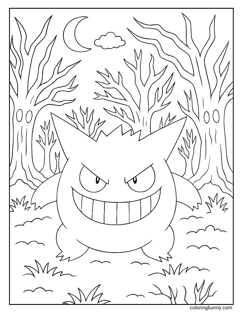 Mischievous Gengar grinning with a jack-o’-lantern, flames, bats, and a crescent moon in a spooky Halloween coloring page.