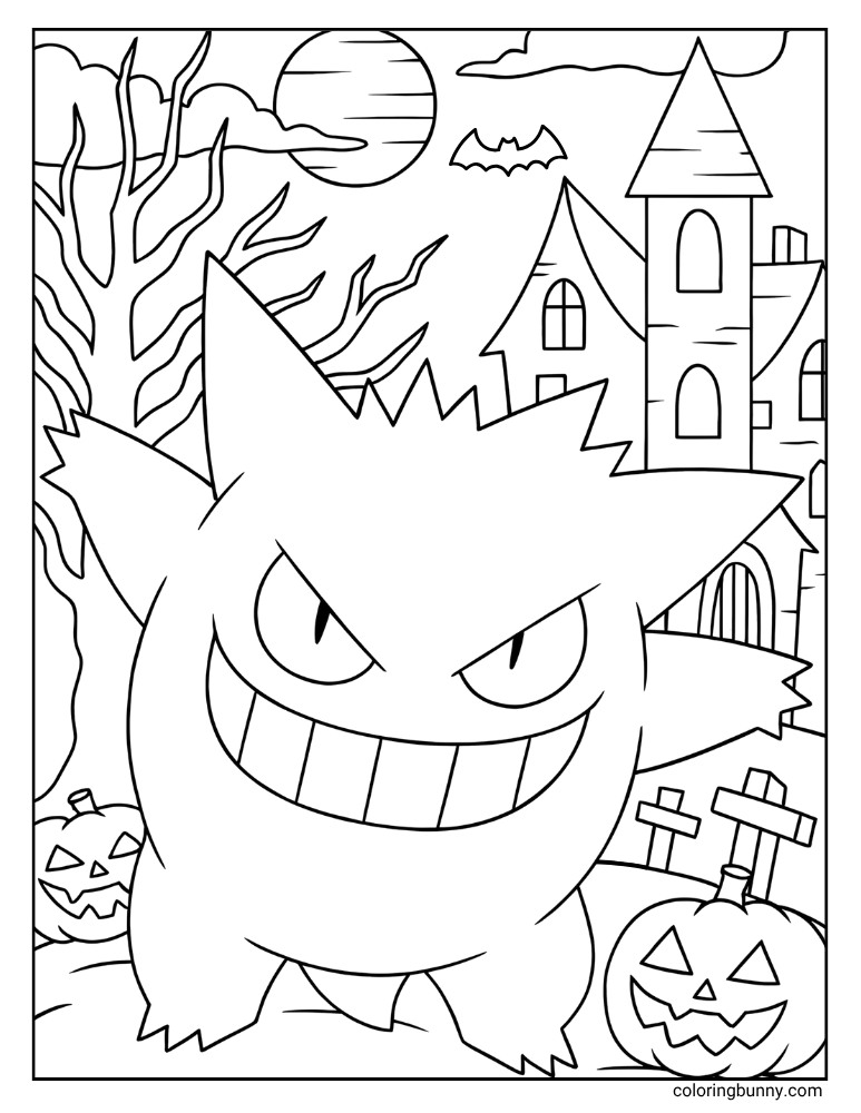 Black and white portrait coloring page of Gengar in front of a haunted house with jack-o’-lanterns, tombstones, bats, and a full moon.