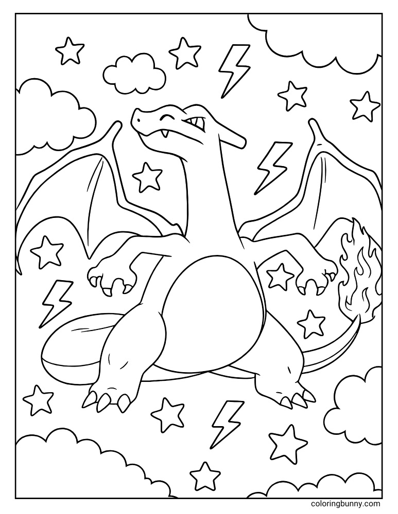 Simple Charizard coloring page with Charizard in the sky with stars and lightning bolts