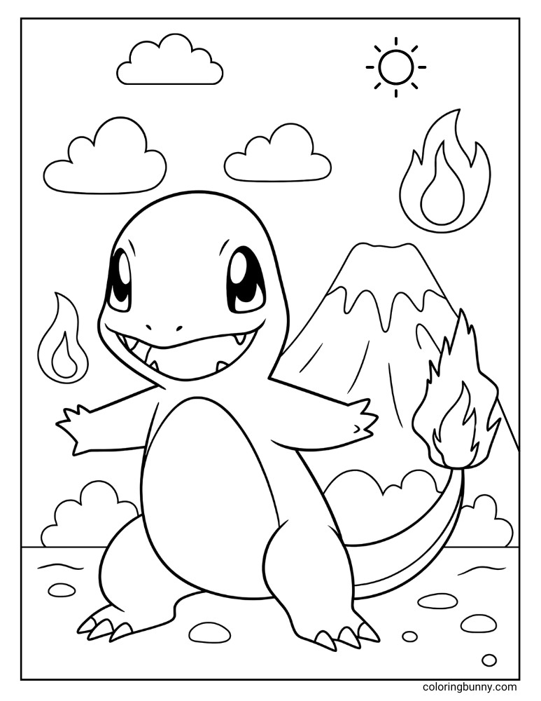 Simple Charmander coloring page of Charmander standing outdoors with a volcano, flames, clouds, and the sun in the background.