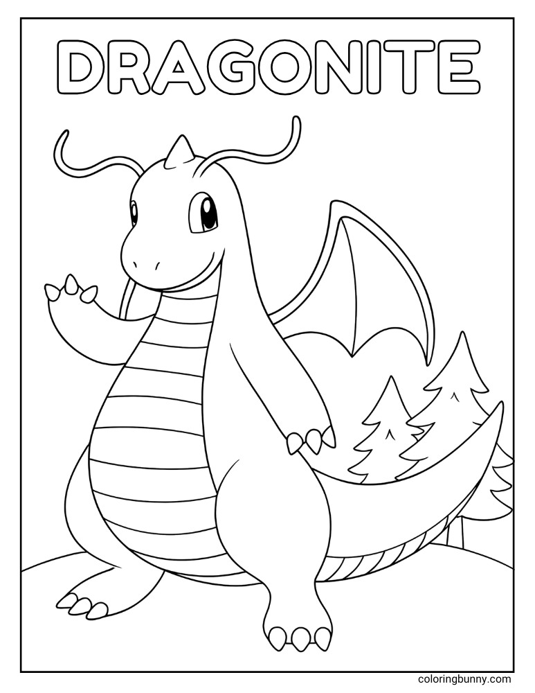 Simple Dragonite coloring page featuring Dragonite waving with trees in the background and the word 'Dragonite' above.