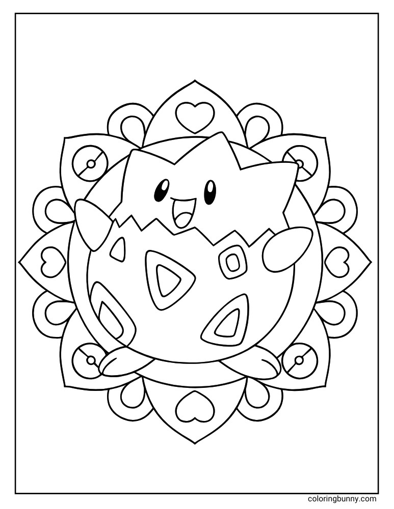 Printable Pokémon coloring page of Togepi in the center of a mandala pattern with hearts and circular designs.