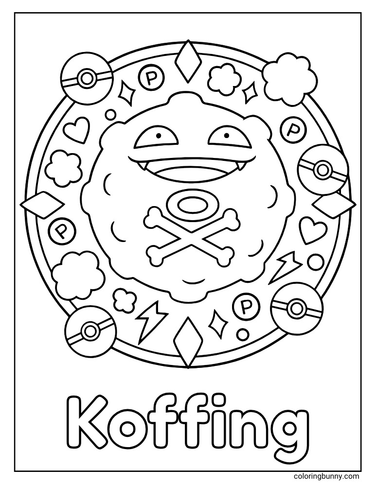 A simple mandala coloring page with the Pokémon Koffing in the center, surrounded by Poké Balls, hearts, and clouds, with the word 'Koffing' written underneath.
