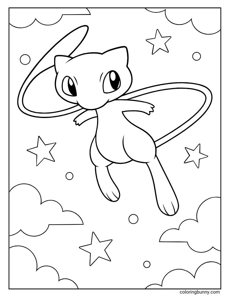 A simple coloring page of the mythical Pokémon Mew floating in the sky, surrounded by clouds, stars, and circles.