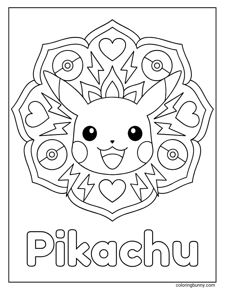 Portrait black and white Pikachu coloring page with a mandala of hearts, lightning bolts, and Poké Balls.