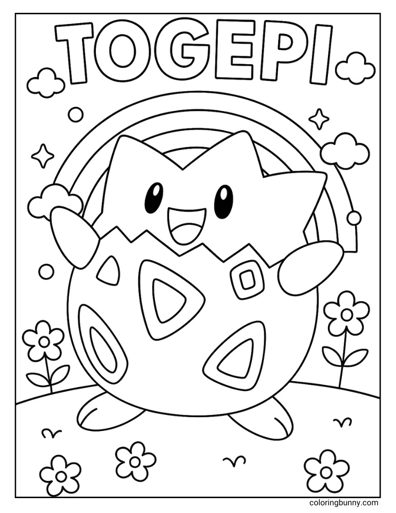 Pokémon coloring page of Togepi smiling under a rainbow with flowers, clouds, and stars in the background.