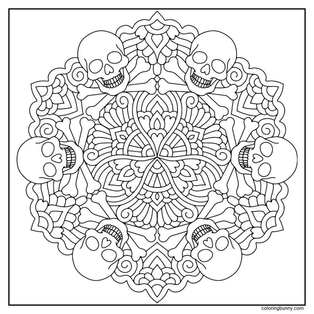 Spooky skulls baring their teeth, surrounded by symmetrical patterns and bones in a hand-drawn Halloween mandala coloring page on a square canvas.