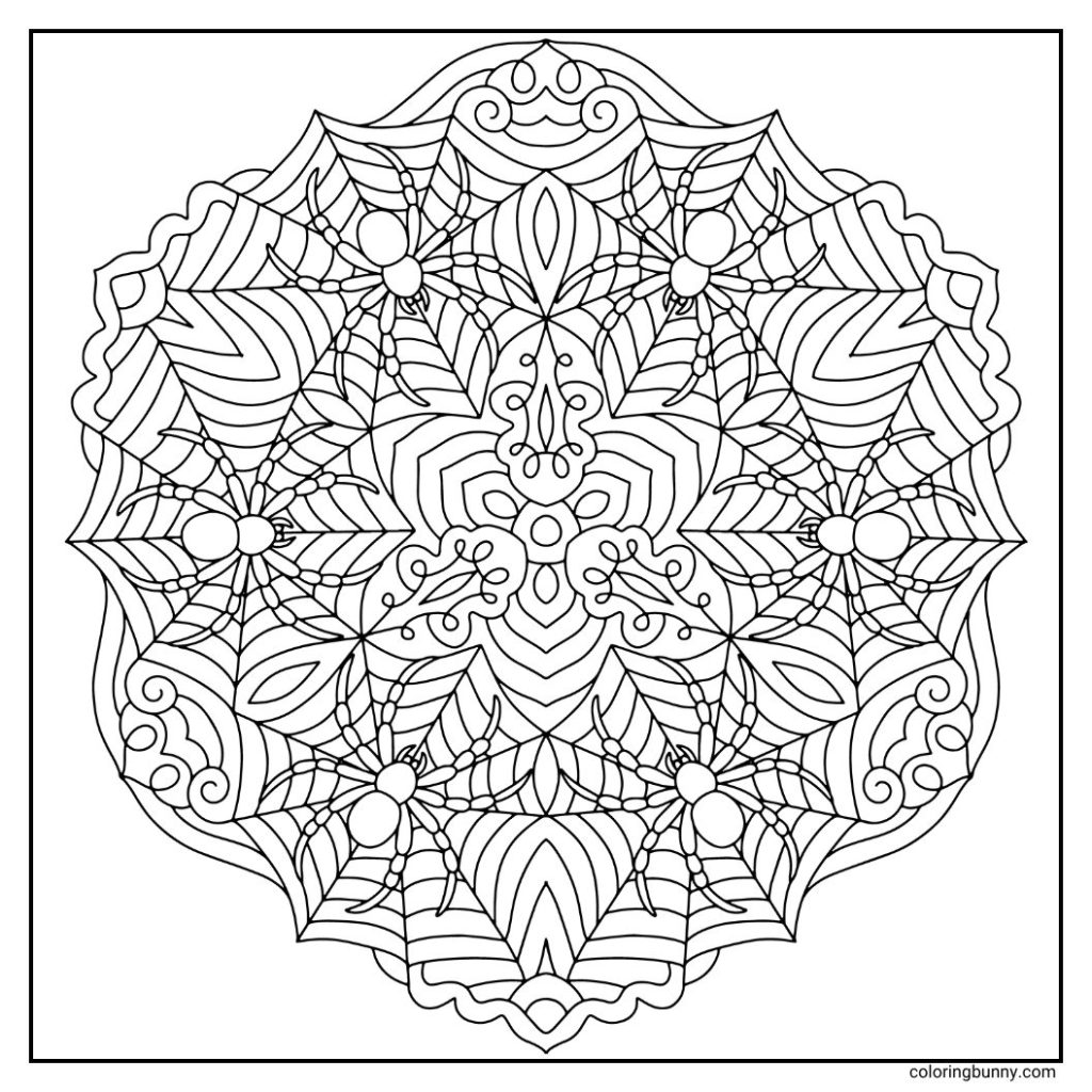 Spooky spiders nestled in detailed webs and symmetrical patterns at the center, on a hand-drawn Halloween mandala coloring page on a square canvas.