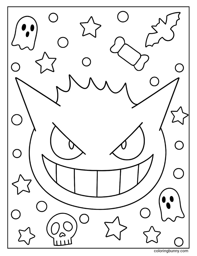 Black and white portrait coloring page of Gengar’s face with a Halloween background featuring bats, ghosts, stars, candy, and a skull.