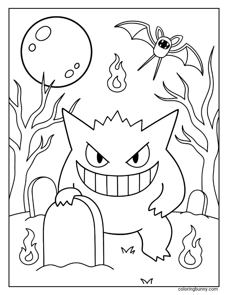 Creepy Gengar Halloween coloring page, with the Pokémon perched on a tombstone alongside Zubat, a full moon, and dancing flames in a graveyard scene.