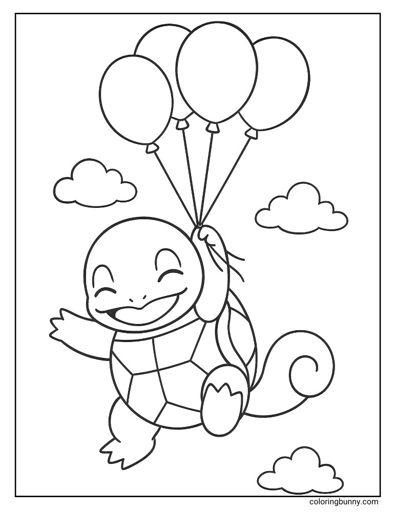 A coloring page of the Pokémon Squirtle smiling with its eyes closed as it floats through the sky while holding onto a bunch of balloons.