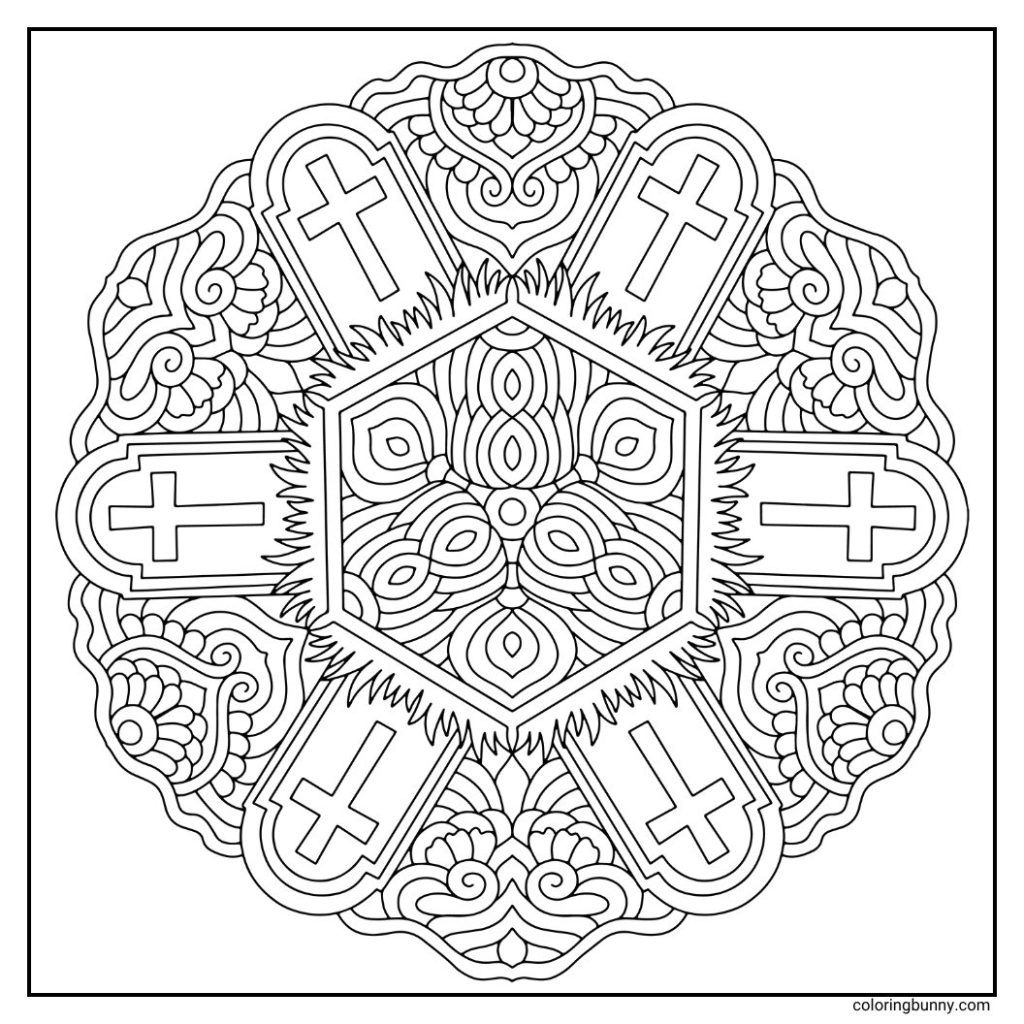 A spooky arrangement of symmetrical tombstones framed by eerie patterns and grass in a hand-drawn Halloween mandala coloring page on a square canvas.