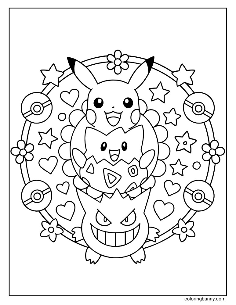Vertical black and white Pokémon coloring page of Gengar, Togepi, and Pikachu in a mandala with hearts, stars, flowers, and Poké Balls.