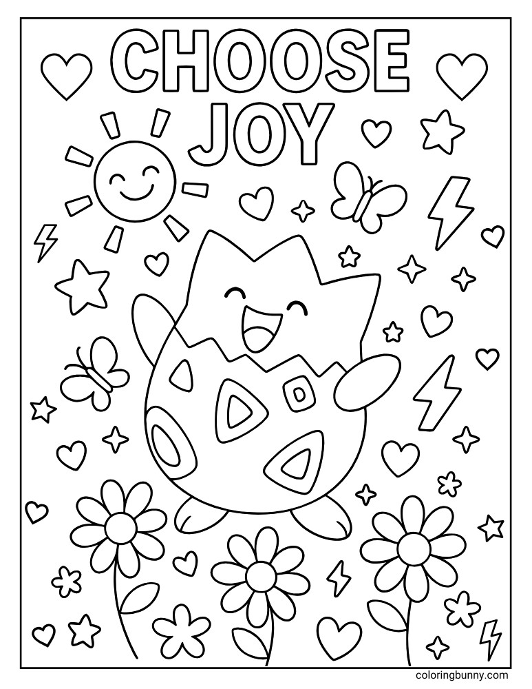 Black and white portrait coloring page of Togepi with "Choose Joy" text, surrounded by flowers, hearts, stars, butterflies, and a smiling sun.