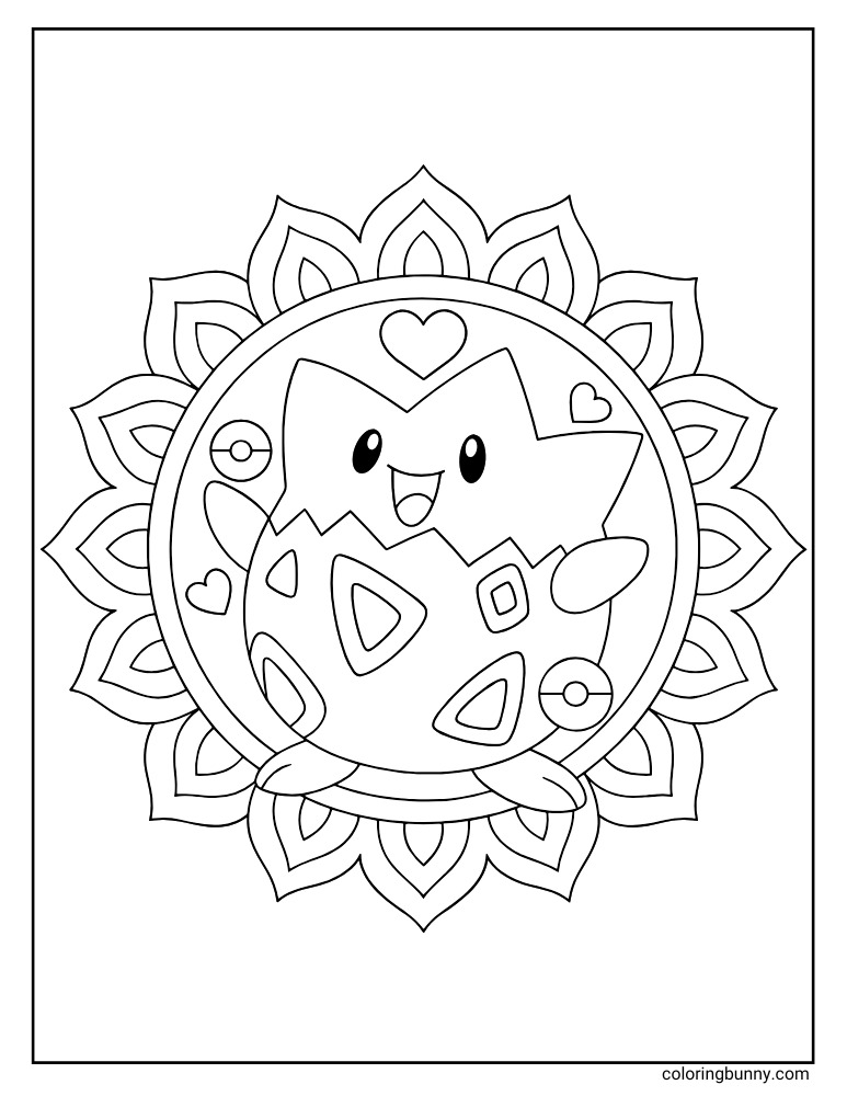 Topegi coloring page of Togepi in the center of a mandala pattern with hearts and Poké Ball shapes.