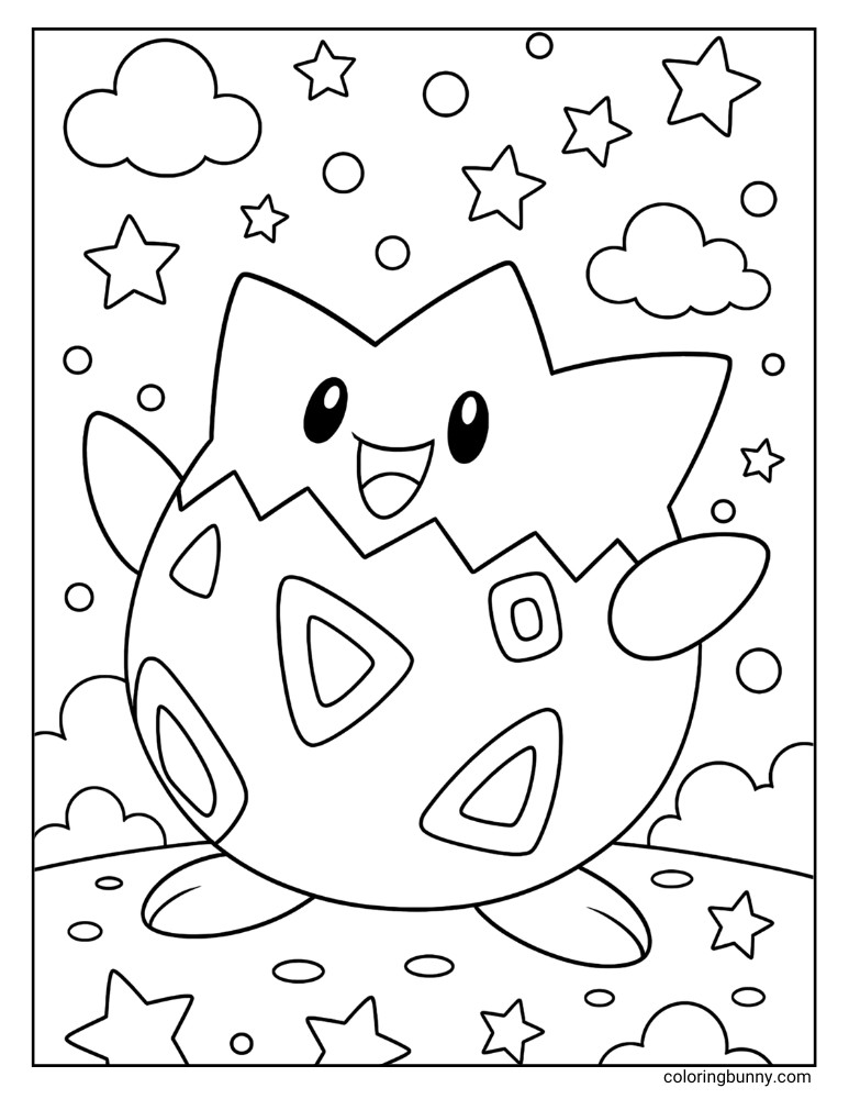 Black and white portrait coloring page of Togepi surrounded by stars and clouds.