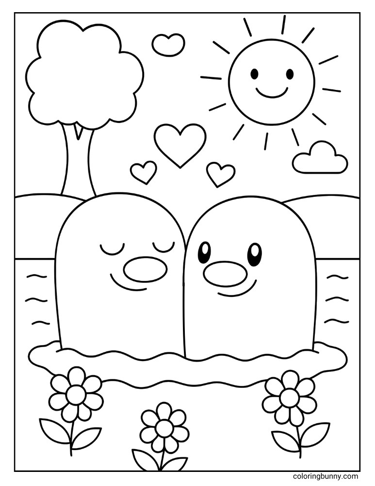 Diglet coloring page of two Diglets in love with a background of flowers, a tree, hearts, and a sun in a tranquil scene