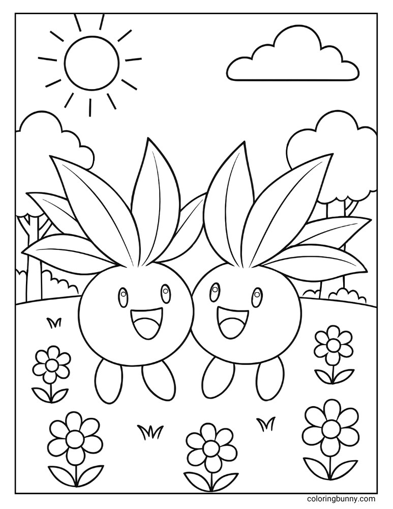 Black and white portrait coloring page of two Oddish Pokémon in a sunny meadow with flowers, trees, and clouds.