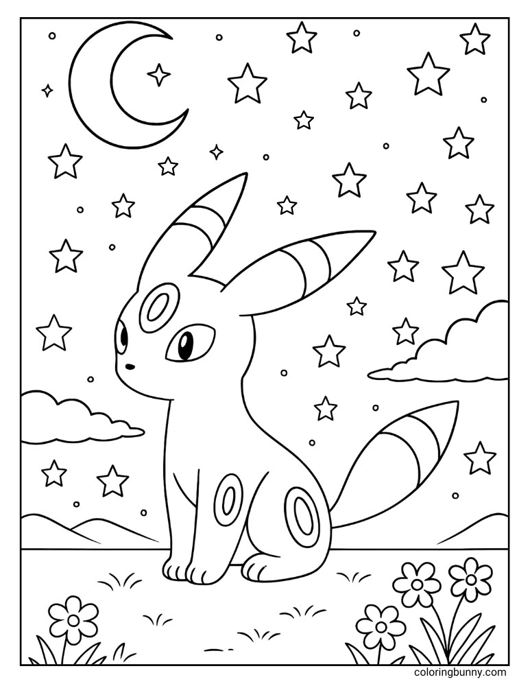 Printable Pokémon coloring page of Umbreon sitting in a field with flowers, clouds, a crescent moon, and stars in the sky.