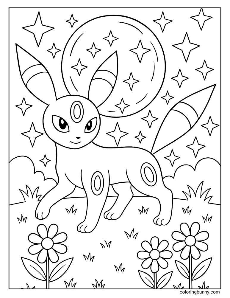 Umbreon coloring page with Umbreon in a flower meadow and a background of a starry night sky