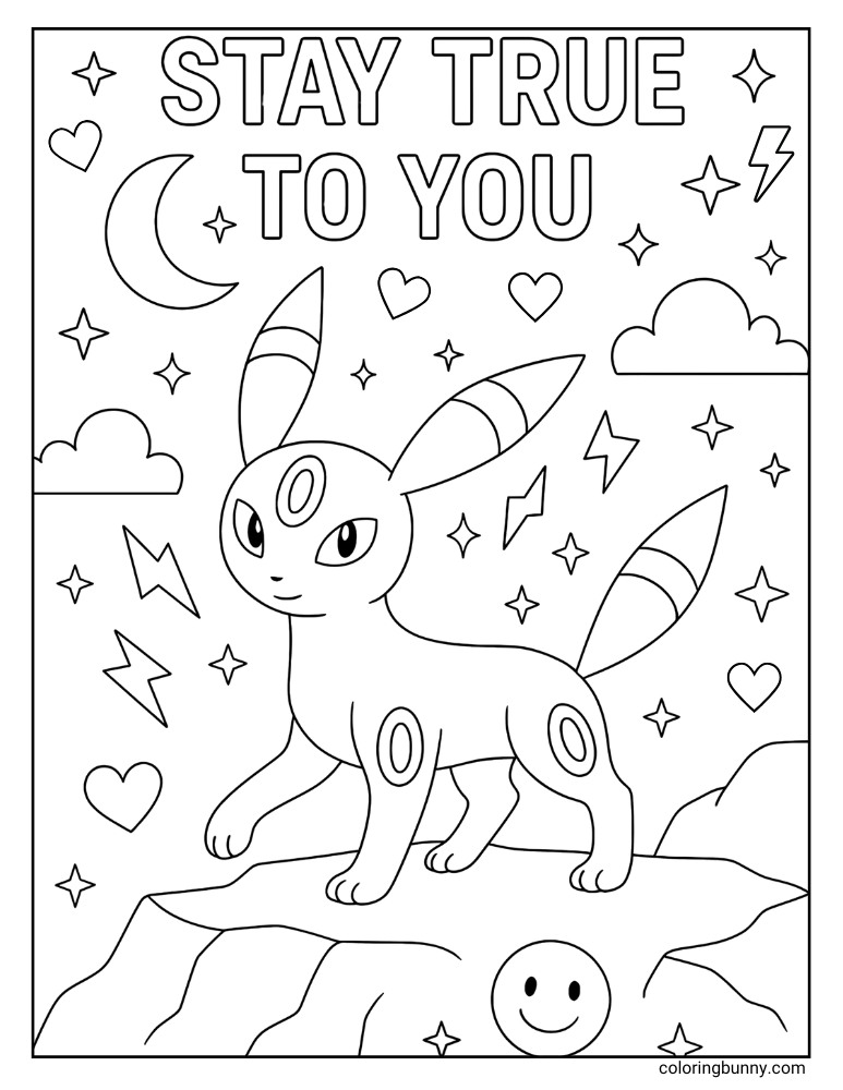 Positive affirmation coloring page with Umbreon surrounded by stars, lightning bolts, clouds, hearts, and the text Stay True To You at the top