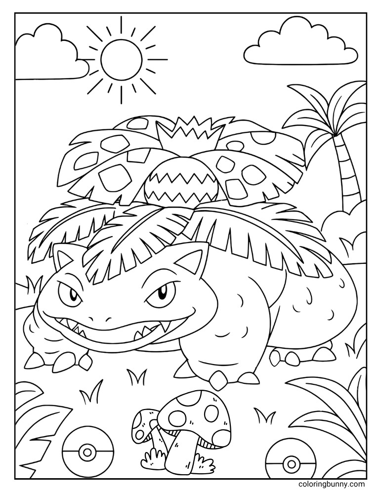 Venusaur Pokemon coloring page with a tropical background and Venusaur in the middle