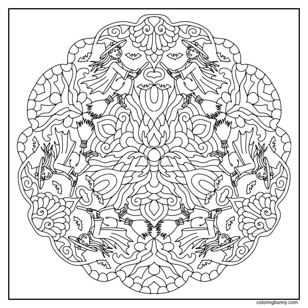 Happy broom-flying witches surrounded by small bats and swirling floral patterns in a hand-drawn Halloween mandala coloring page on a square canvas.