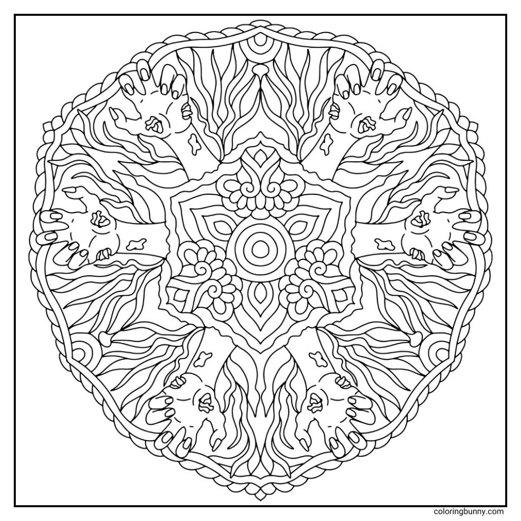 Creepy zombie hands reaching upward, surrounded by tall plants and eerie symmetrical patterns in a hand-drawn Halloween mandala coloring page on a square canvas.