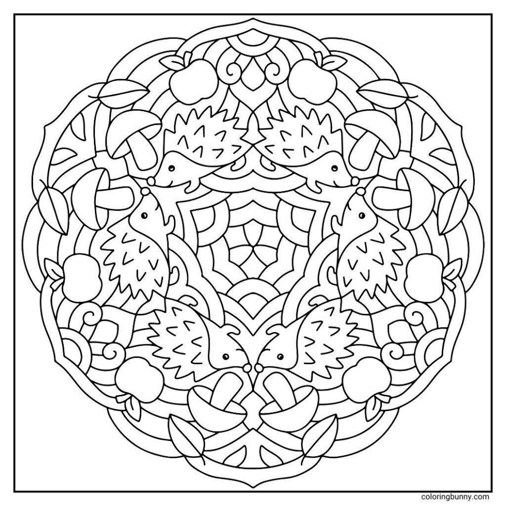 A hand-drawn fall mandala coloring page featuring adorable hedgehogs nestled among apples, leaves, and mushrooms. The playful symmetry captures the cozy charm of woodland life during the fall season, making it a delightful coloring page for animal lovers.