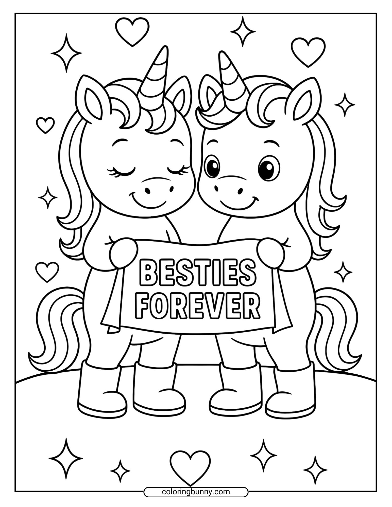 Cute baby unicorn coloring page with two unicorns holding a “Besties Forever” banner surrounded by hearts and sparkles.