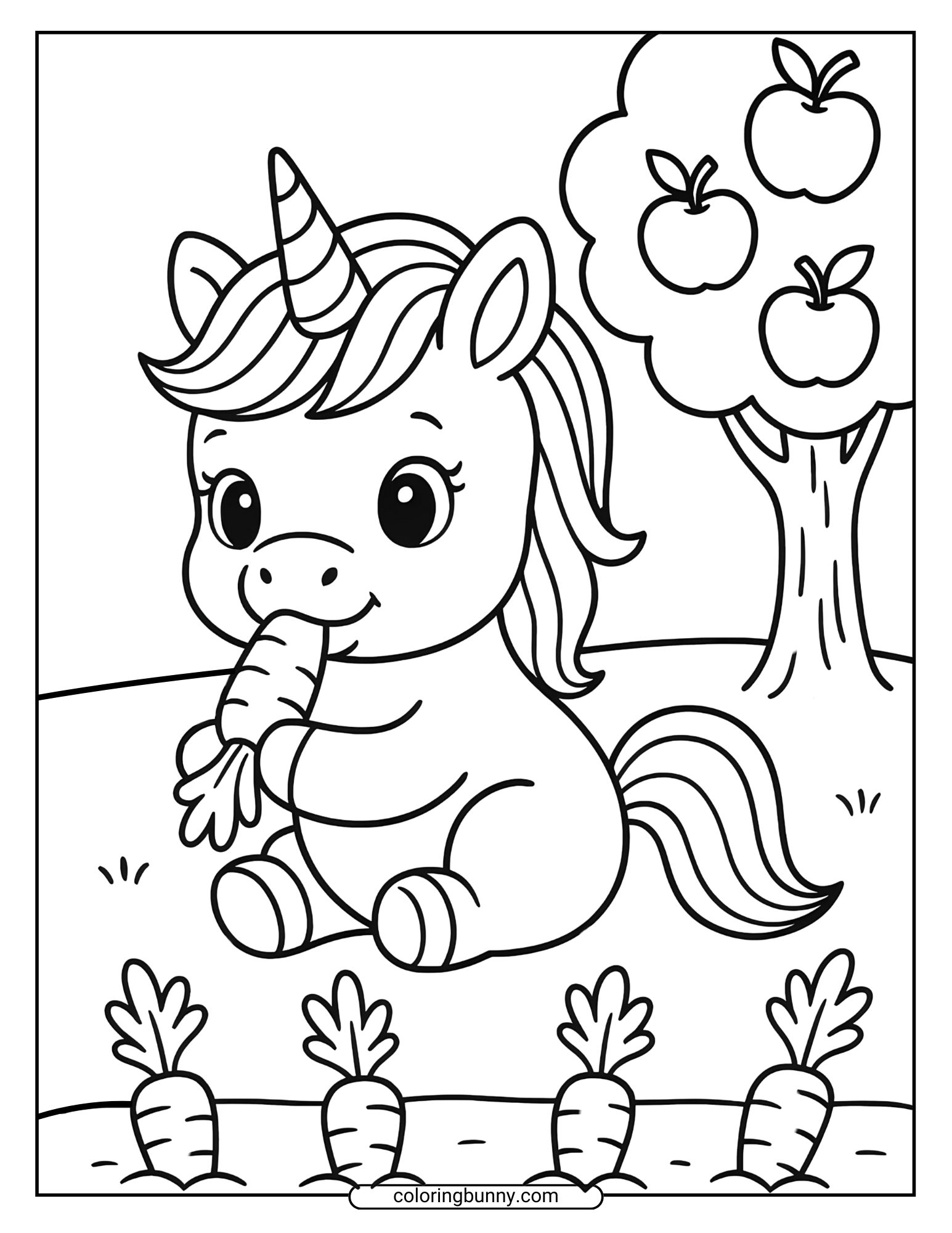 Black and white baby unicorn coloring sheet showing a unicorn eating a carrot in a field with more carrots and an apple tree in the background.