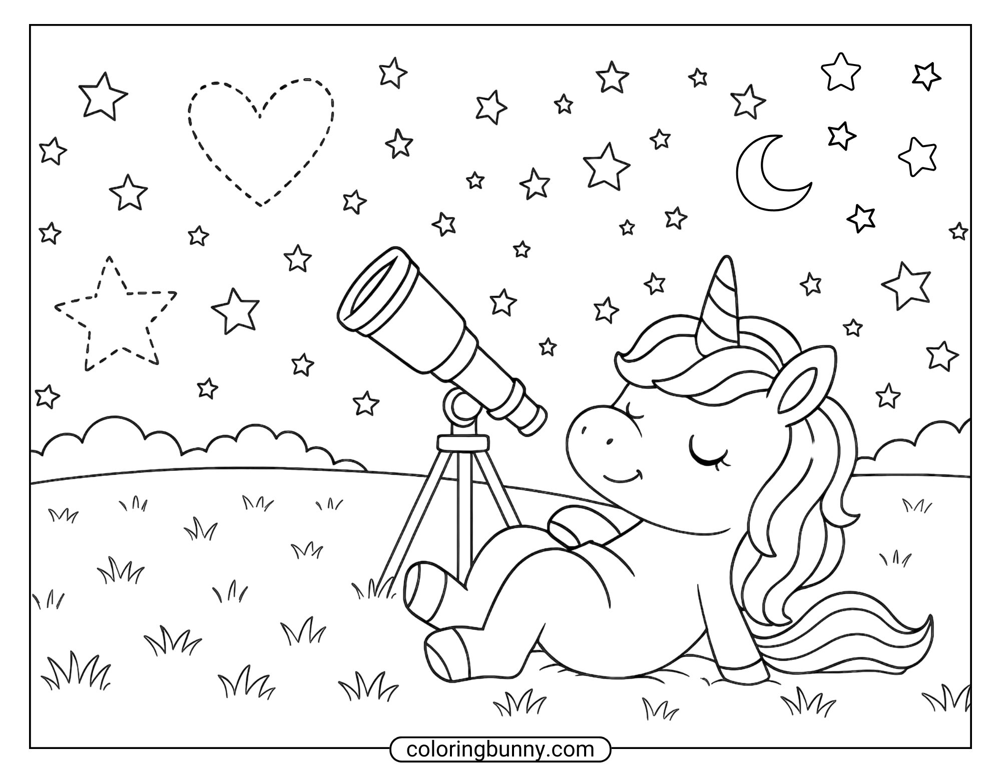 Baby unicorn coloring page showing a unicorn lying in the grass with a telescope, gazing at stars, a crescent moon, and heart-shaped outlines.