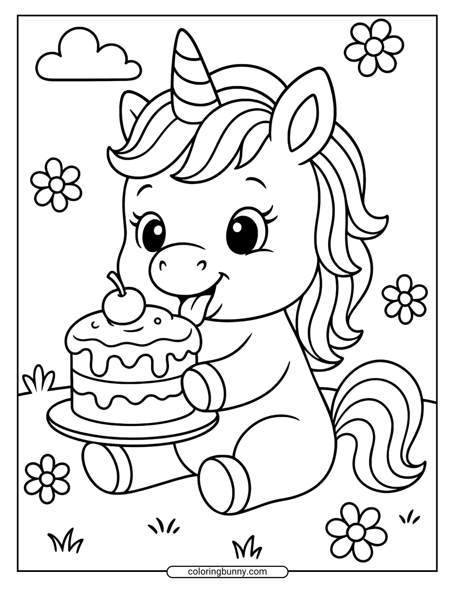 Coloring page of a baby unicorn holding a plate with a layered cake, surrounded by flowers and clouds.