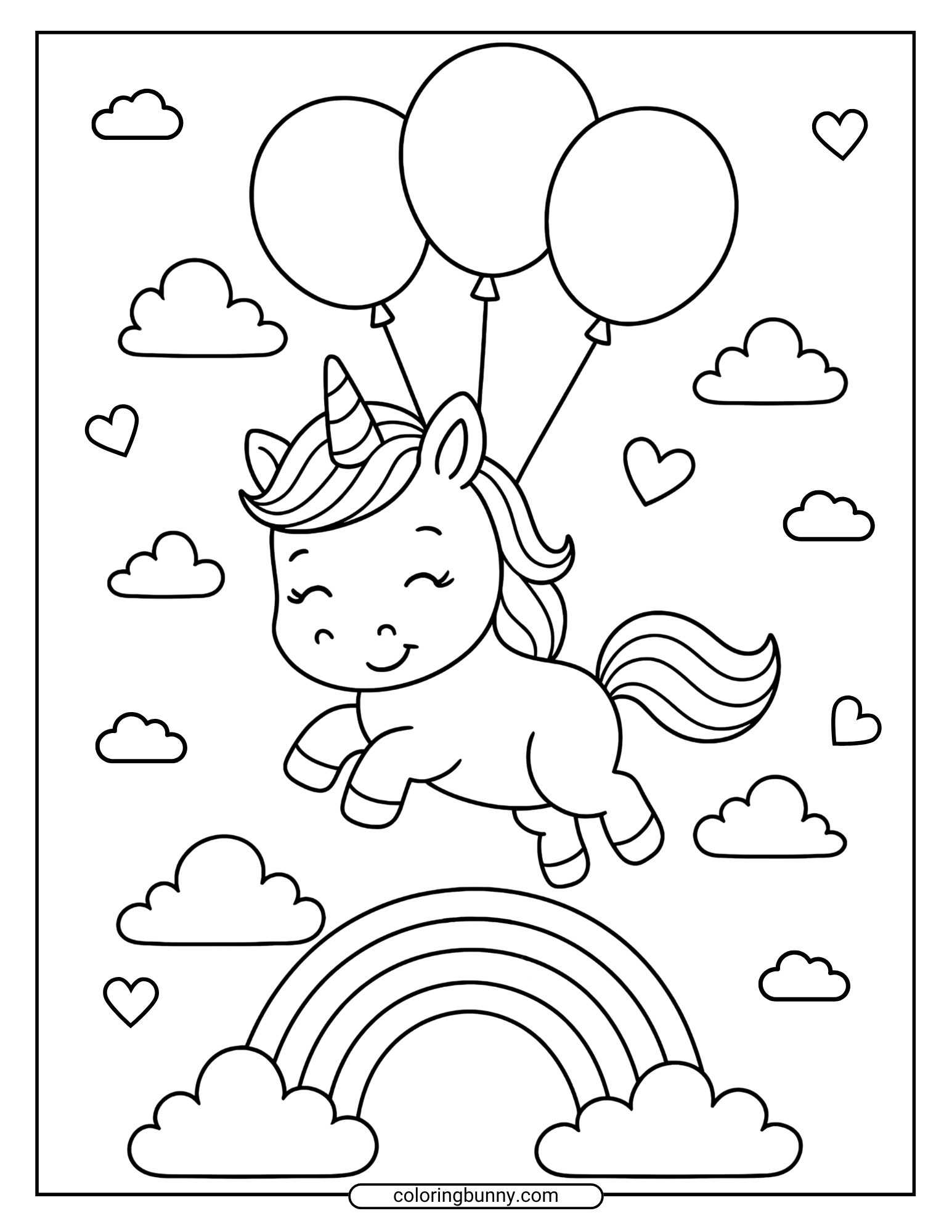 Black and white baby unicorn coloring page showing a smiling unicorn carried by three balloons above clouds and a rainbow, surrounded by hearts.