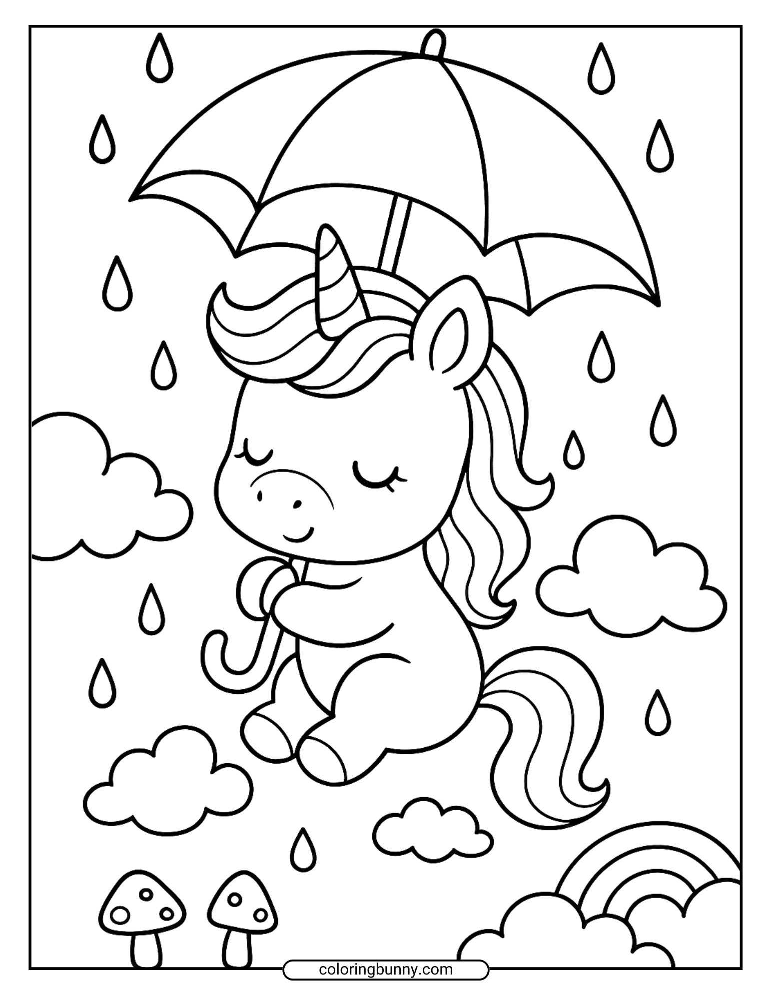 Baby unicorn coloring page featuring a cute unicorn floating under an umbrella through the rain, with fluffy clouds, a rainbow, and little mushrooms below, perfect for a whimsical rainy-day scene.