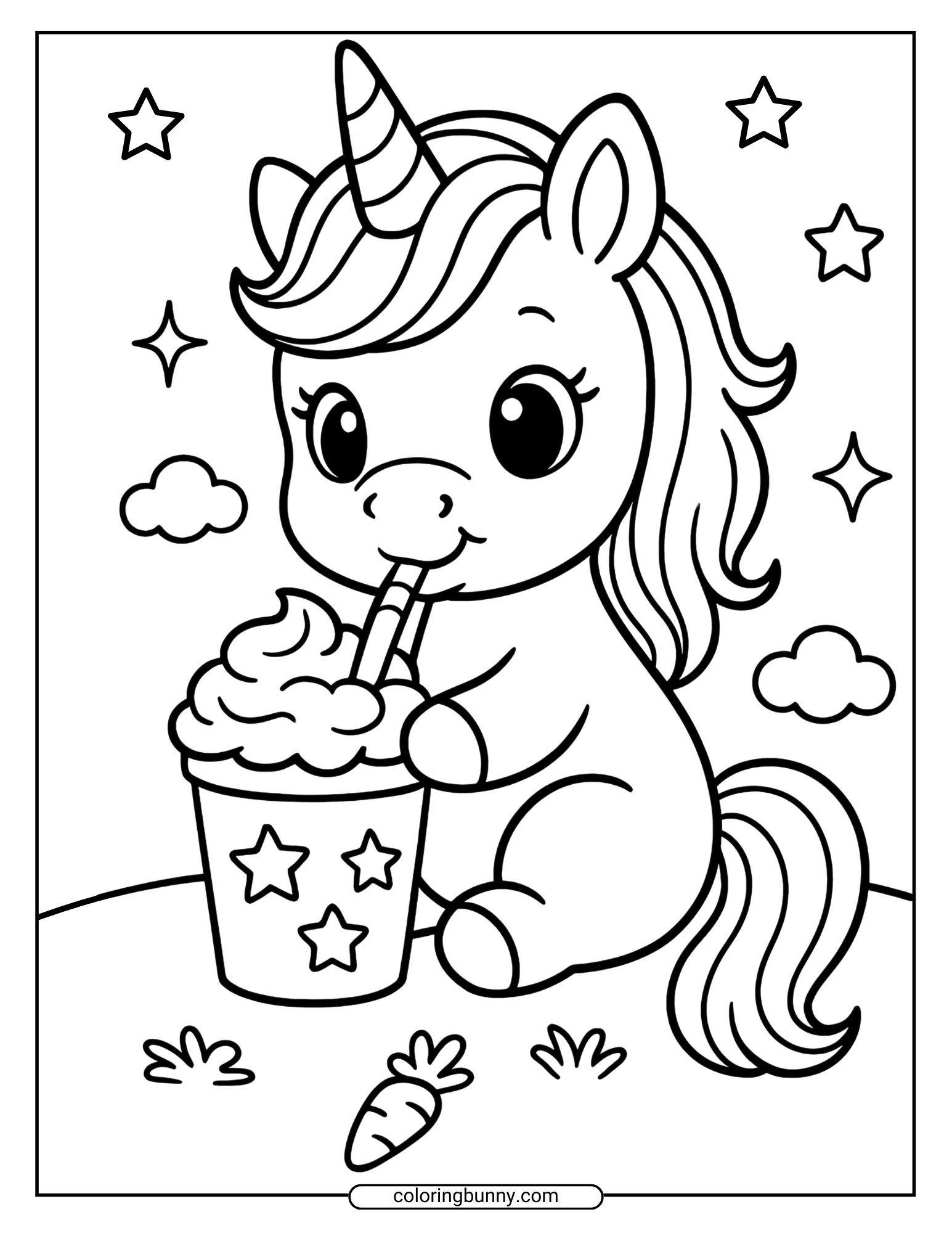 Coloring page of a baby unicorn drinking from a cup with whipped cream, surrounded by stars, clouds, and carrots on the ground.