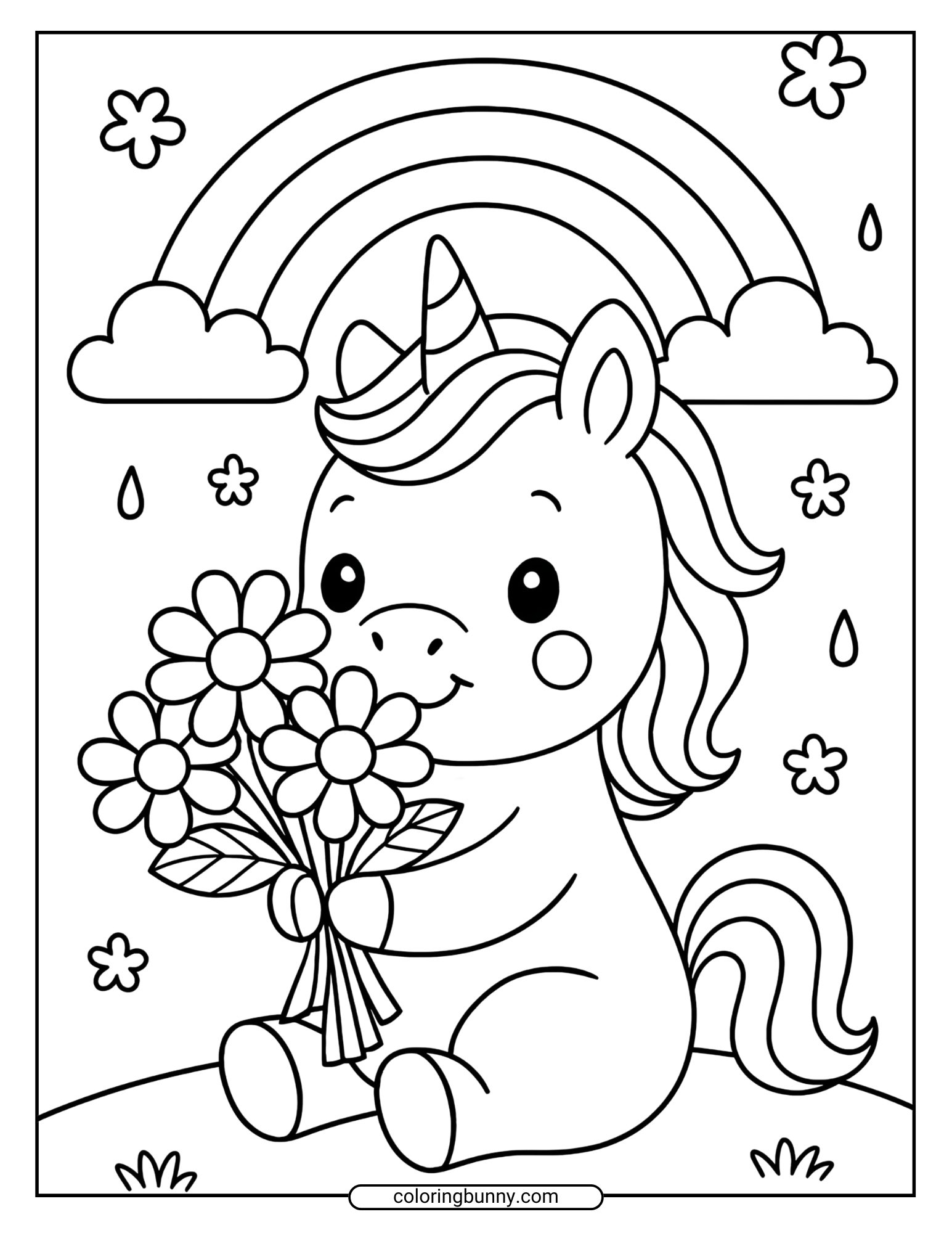 A coloring page of a baby unicorn sitting on a grassy hill, holding a bouquet of daisies under a rainbow with raindrops and clouds.