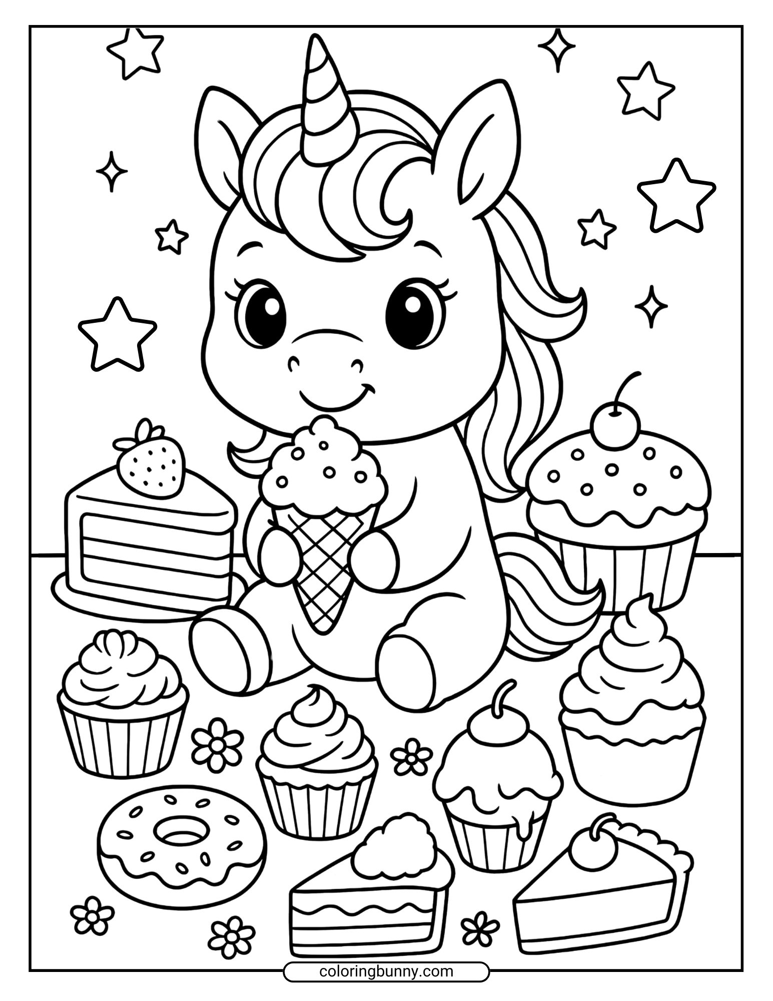 Coloring page of a baby unicorn holding a big ice cream cone, surrounded by cupcakes, cake slices, donuts, stars, and flowers.
