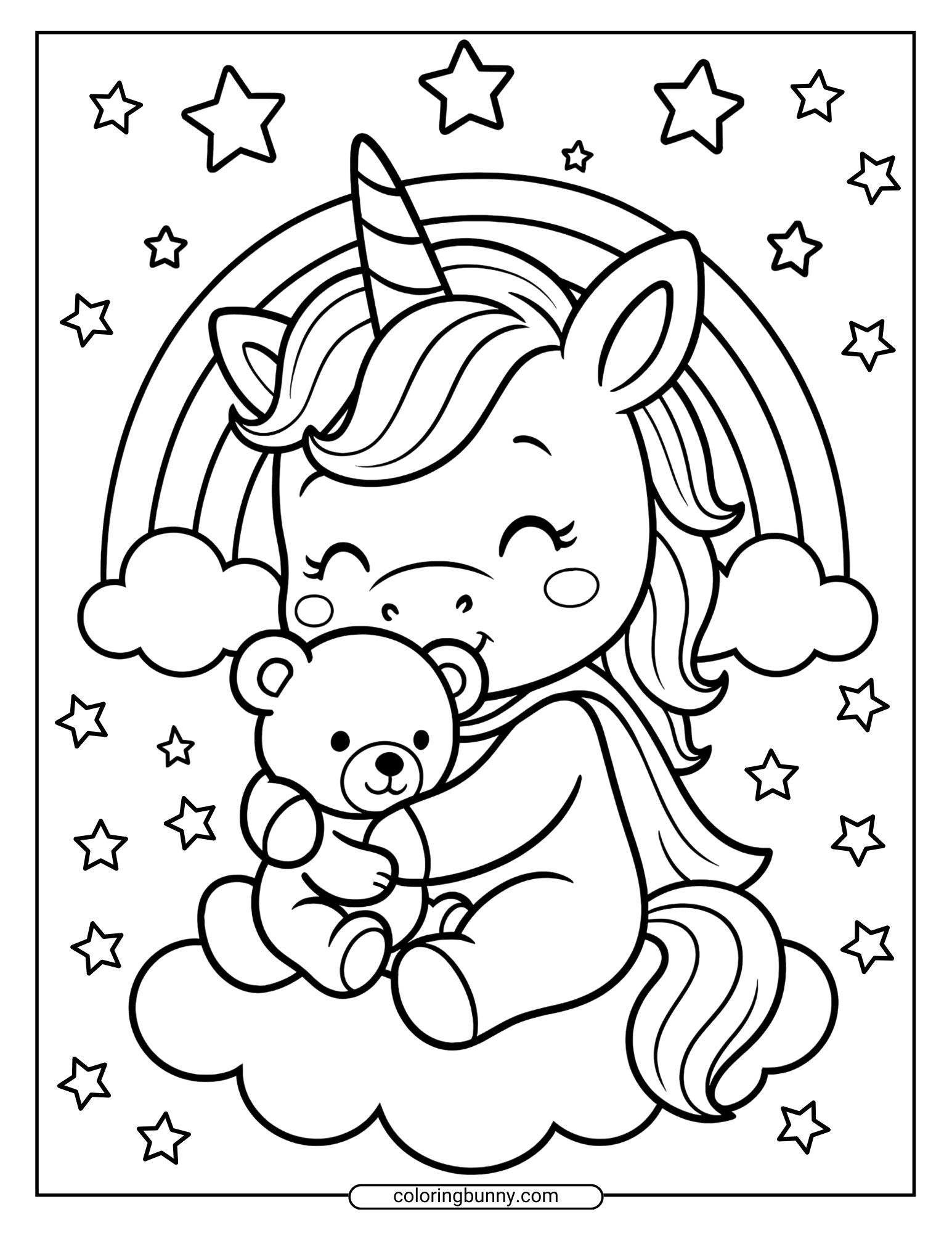 Baby unicorn coloring page showing a unicorn on a cloud hugging a teddy bear, with stars, clouds, and a rainbow behind them.