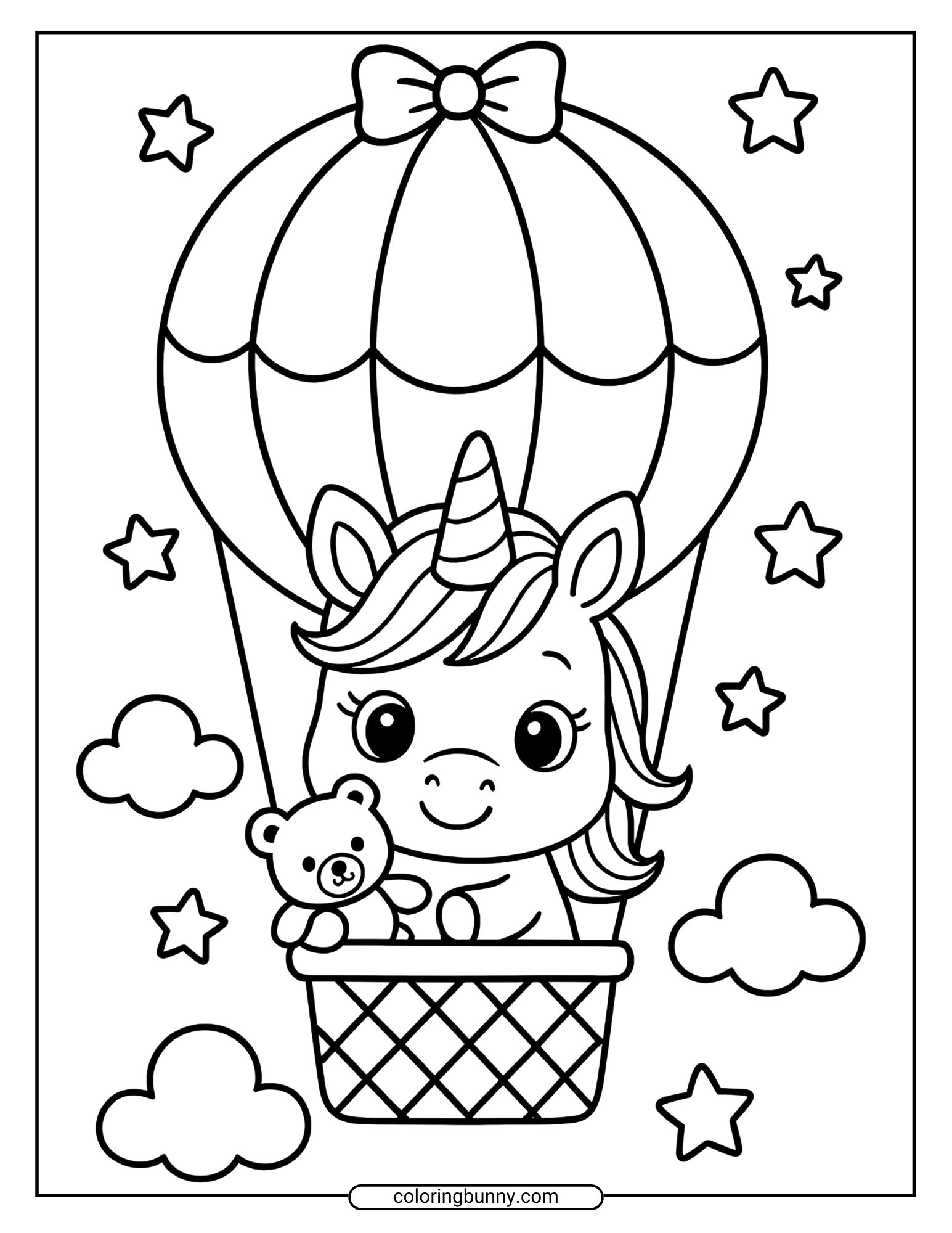 Coloring page of a baby unicorn holding a teddy bear inside a hot air balloon basket, surrounded by fluffy clouds and stars.
